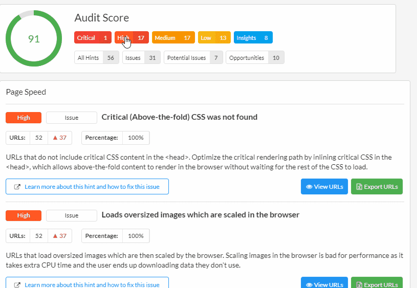 Free Technical SEO Audit Service score example sitebulb